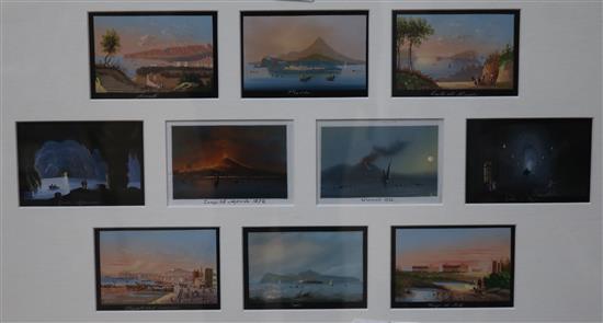 Neapolitan School (19th Century), gouache, three framed sets of miniature views, including Pompeii, Paestum, Vesuvius, etc. (18)